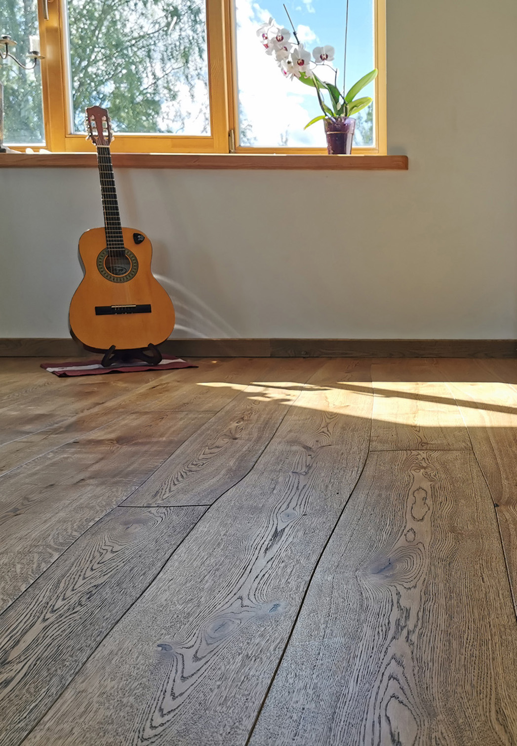 Transparent black Curved Oak Flooring in a living room